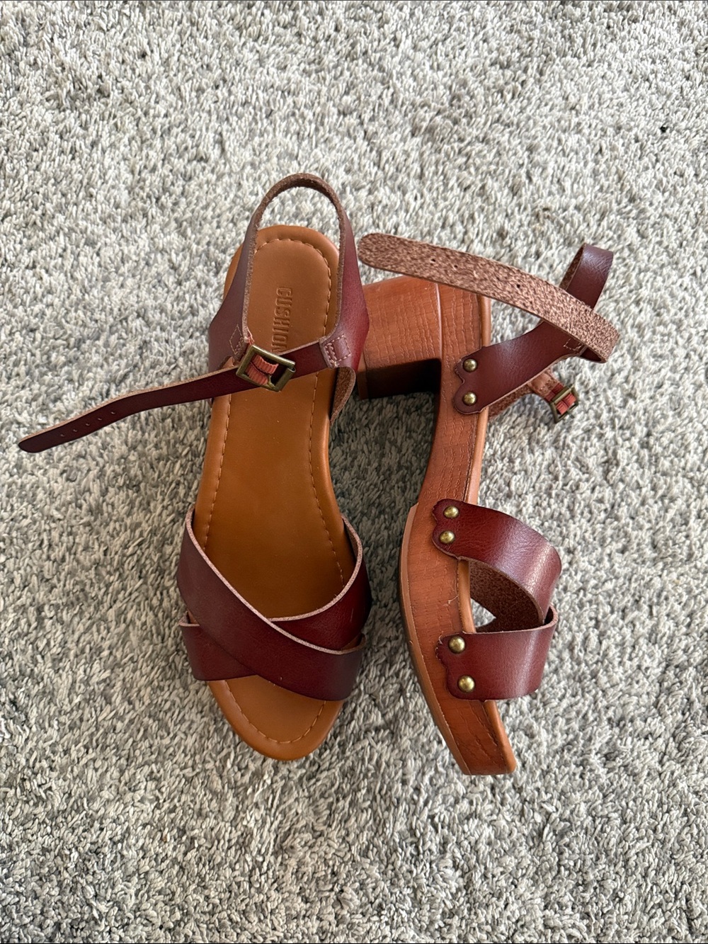 Women's Cognac Leather Wedge Sandals with Ankle Strap